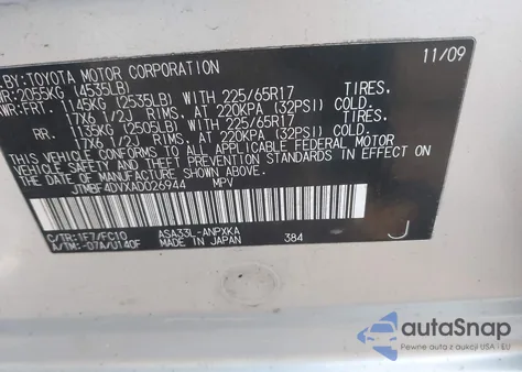 2010 Toyota Rav4 z USA, uszkodzony, nr VIN JTMBF4DVXAD026944